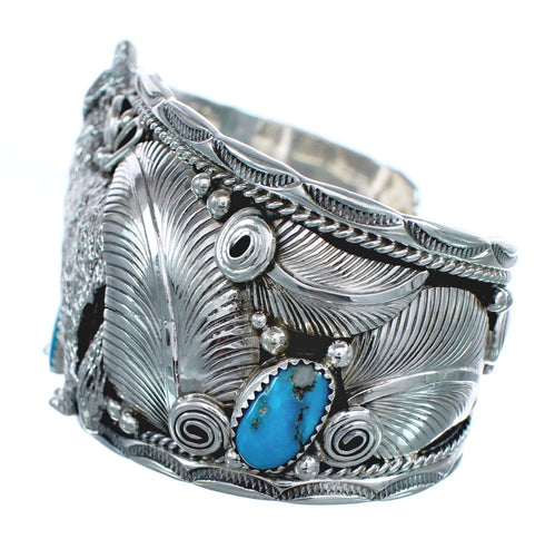 Navajo Sterling Silver Turquoise Wolf Leaf Cuff Bracelet AX123791
